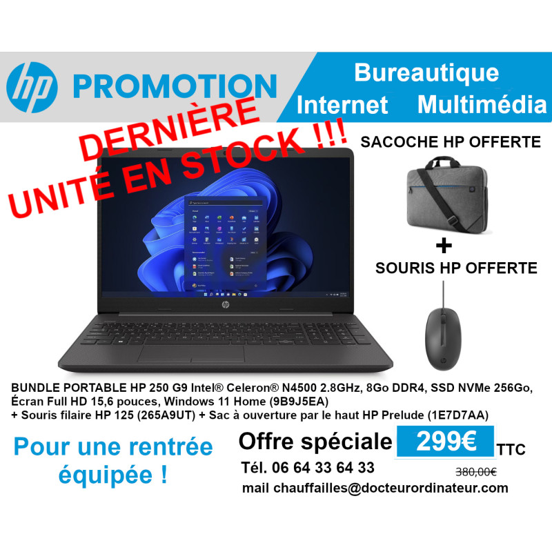 BUNDLE PC PORTABLE HP 250 G9 9B9J5EA + SACOCHE + SOURIS FILAIRE - Promotion