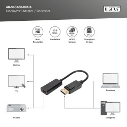 Câble Adaptateur Vidéo Display Port - HDMI pour moniteur ordinateur PC - Digitus AK-340400-001-S