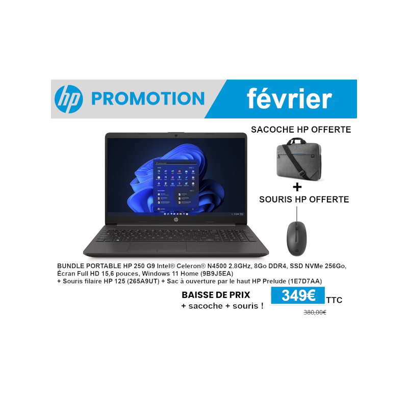 BUNDLE PC PORTABLE HP 250 G9 9B9J5EA + SACOCHE + SOURIS FILAIRE - Promotion