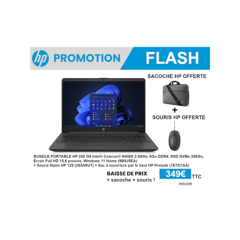 BUNDLE PC PORTABLE HP 250 G9 9B9J5EA + SACOCHE + SOURIS FILAIRE - Promotion