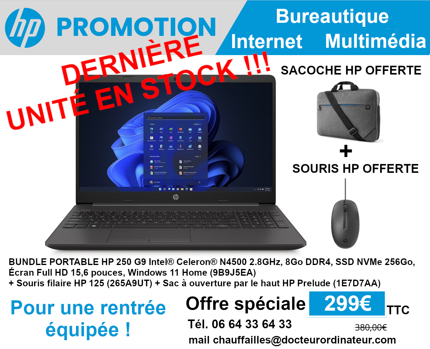 Promotion HP 250 G9 Ordinateur + Sacoche + Souris filaire